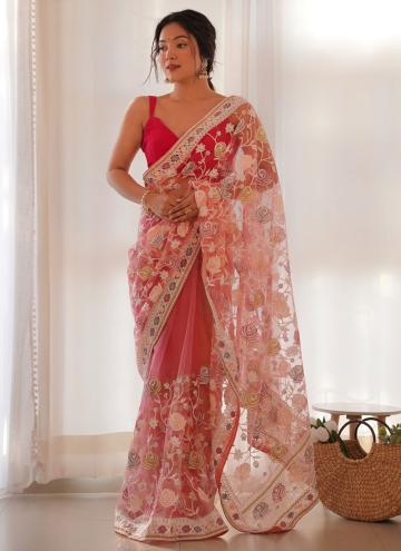 Pink Net Embroidered Classic Designer Saree for Ce