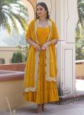 Plain Work Faux Georgette Yellow Gown - 1