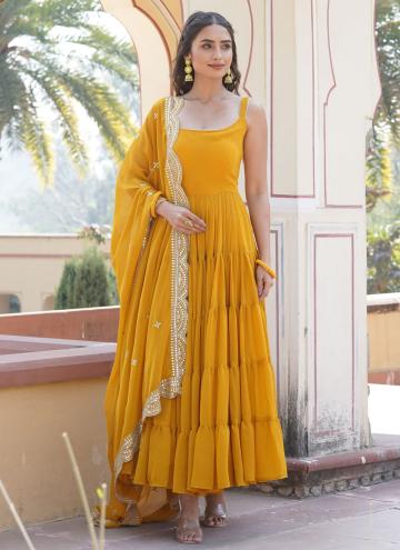 Plain Work Faux Georgette Yellow Gown