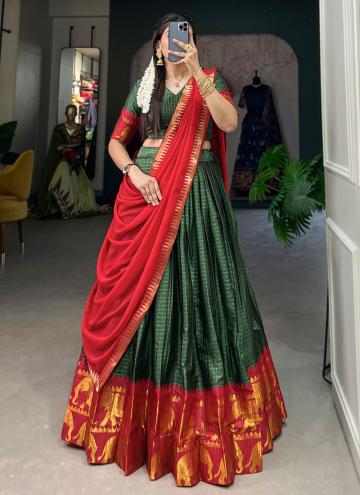 Poly Cotton Designer Lehenga Choli in Green Enhanced with Woven