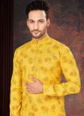 Printed Cotton  Yellow Kurta Pyjama - 1
