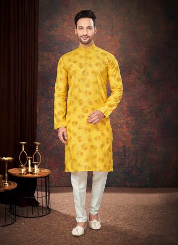Printed Cotton  Yellow Kurta Pyjama