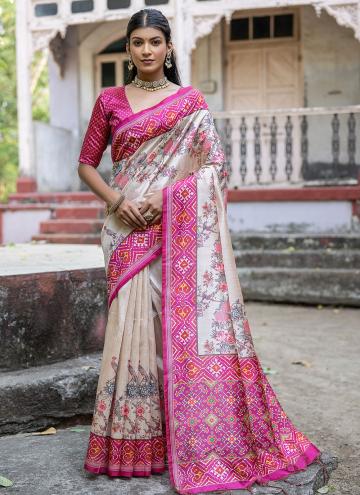 Printed Tussar Silk Cream and Pink Trendy Saree
