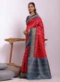 Printed Tussar Silk Red Classic Designer Saree - 3