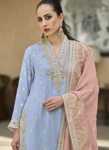 Pure Chiffon Salwar Suit in Blue Enhanced with Embroidered