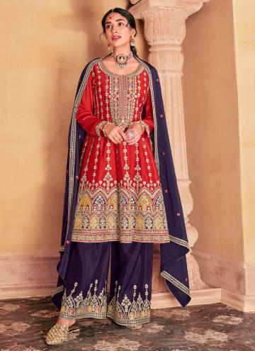 Purple and Red color Chinon Trendy Salwar Suit with Embroidered