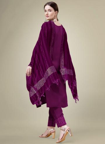 Purple Blended Cotton Embroidered Salwar Suit for Casual