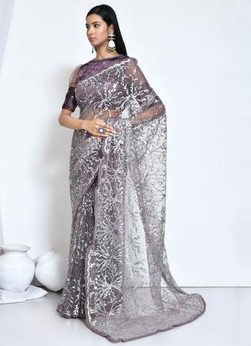 Purple color Net Trendy Saree with Embroidered