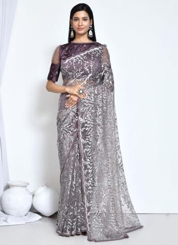 Purple color Net Trendy Saree with Embroidered