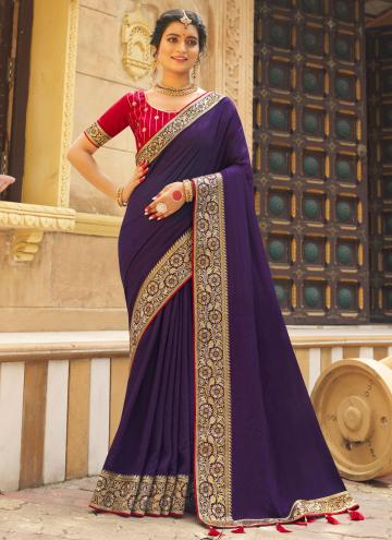 Purple color Vichitra Silk Trendy Saree with Embro