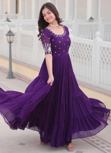 Purple Faux Georgette Embroidered Readymade Designer Gown for Festival