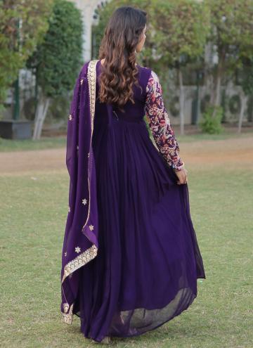 Purple Faux Georgette Floral Print Gown
