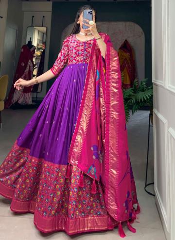 Purple Gown in Tussar Silk with Foil Print