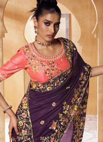 Purple Pure Crepe Embroidered Contemporary Saree for Ceremonial