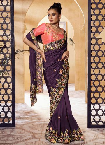 Purple Pure Crepe Embroidered Contemporary Saree for Ceremonial