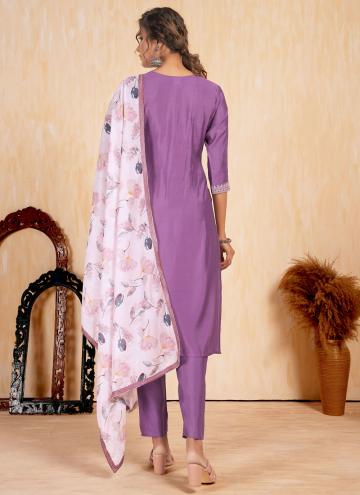 Purple Salwar Suit in Silk with Embroidered