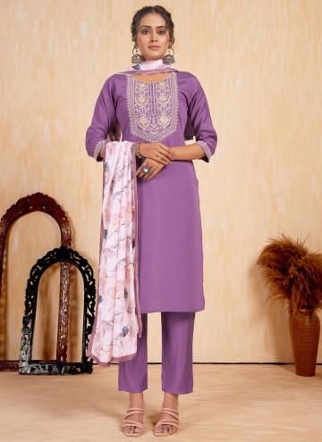 Purple Salwar Suit in Silk with Embroidered