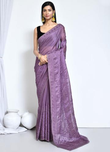 Purple Satin Silk Embroidered Trendy Saree for Eng