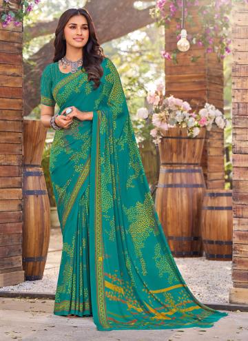 Rama color Crepe Silk Designer Saree with Printed