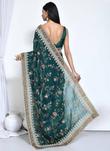 Rama color Embroidered Satin Silk Classic Designer Saree