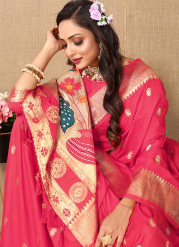 Rani color Woven Silk Contemporary Saree