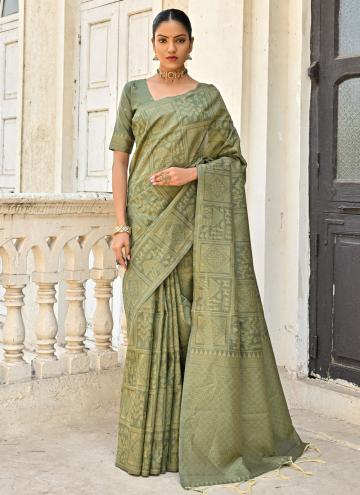 Raw Silk Traditional Saree in Green Enhanced with Woven