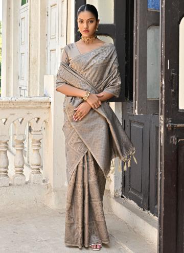Raw Silk Trendy Saree in Grey Enhanced with Woven