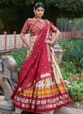 Red and White Tussar Silk Foil Print A Line Lehenga Choli for Ceremonial - 1