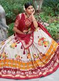 Red and White Tussar Silk Foil Print A Line Lehenga Choli for Ceremonial - 2