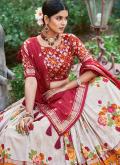 Red and White Tussar Silk Foil Print A Line Lehenga Choli for Ceremonial - 3