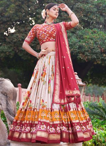 Red and White Tussar Silk Foil Print A Line Lehenga Choli for Ceremonial