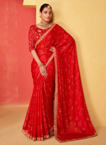 Red color Chiffon Designer Saree with Embroidered