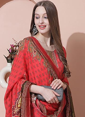 Red color Embroidered Muslin Salwar Suit