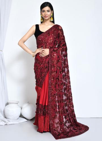 Red color Satin Silk Trendy Saree with Embroidered