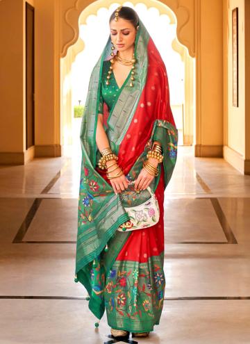 Red color Woven Silk Classic Designer Saree