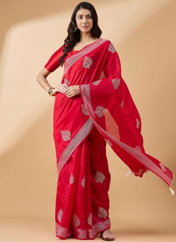 Red Cotton  Embroidered Contemporary Saree for Fes