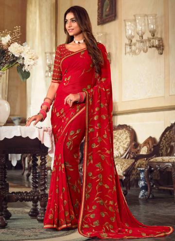 Red Georgette Printed Traditional Saree for Ceremo