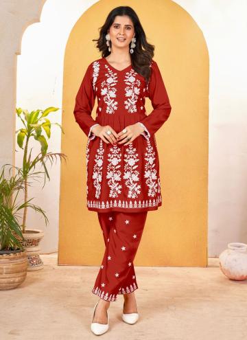 Red Rayon Lucknowi Work Party Wear Kurti for Casual