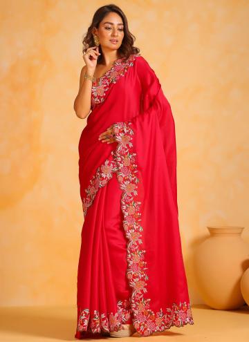 Red Trendy Saree in Tussar Silk with Border