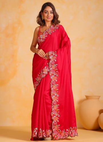 Red Trendy Saree in Tussar Silk with Border