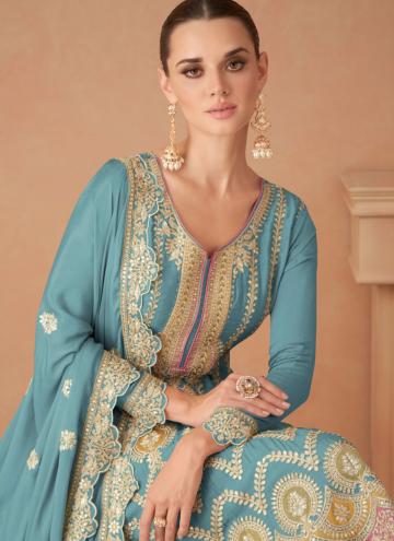 Remarkable Embroidered Chinon Aqua Blue Salwar Suit