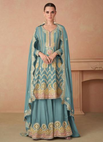 Remarkable Embroidered Chinon Aqua Blue Salwar Sui