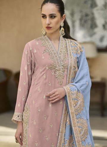 Remarkable Embroidered Pure Chiffon Peach Salwar Suit