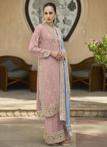 Remarkable Embroidered Pure Chiffon Peach Salwar Suit