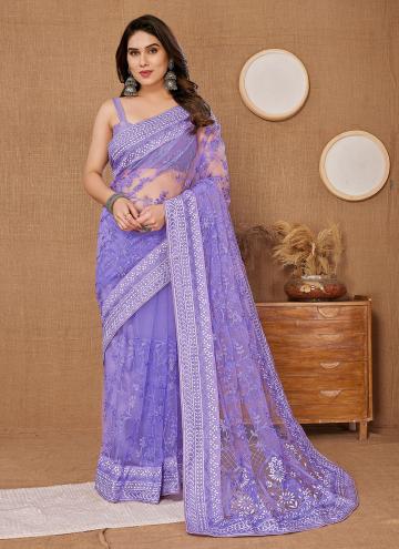 Remarkable Purple Net Embroidered Designer Saree