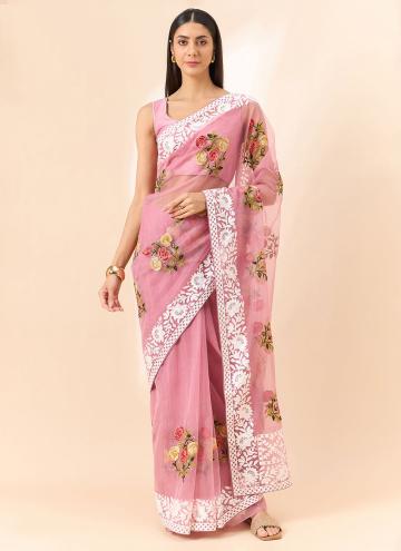 Rose Pink color Organza Classic Designer Saree with Floral Print