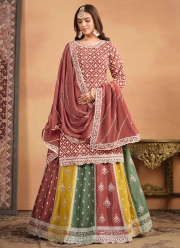 Rust Chinon Embroidered A Line Lehenga Choli for Ceremonial
