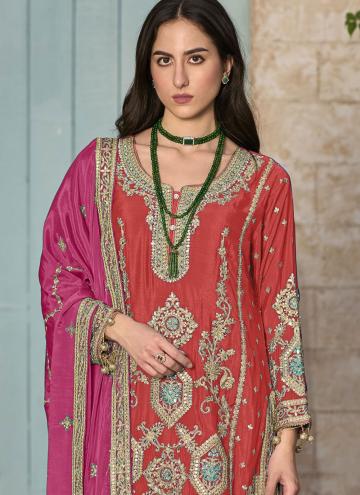 Rust color Chinon Salwar Suit with Embroidered