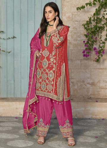 Rust color Chinon Salwar Suit with Embroidered