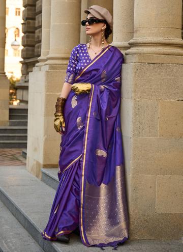 Satin Classic Designer Saree in Purple Enhanced with Woven